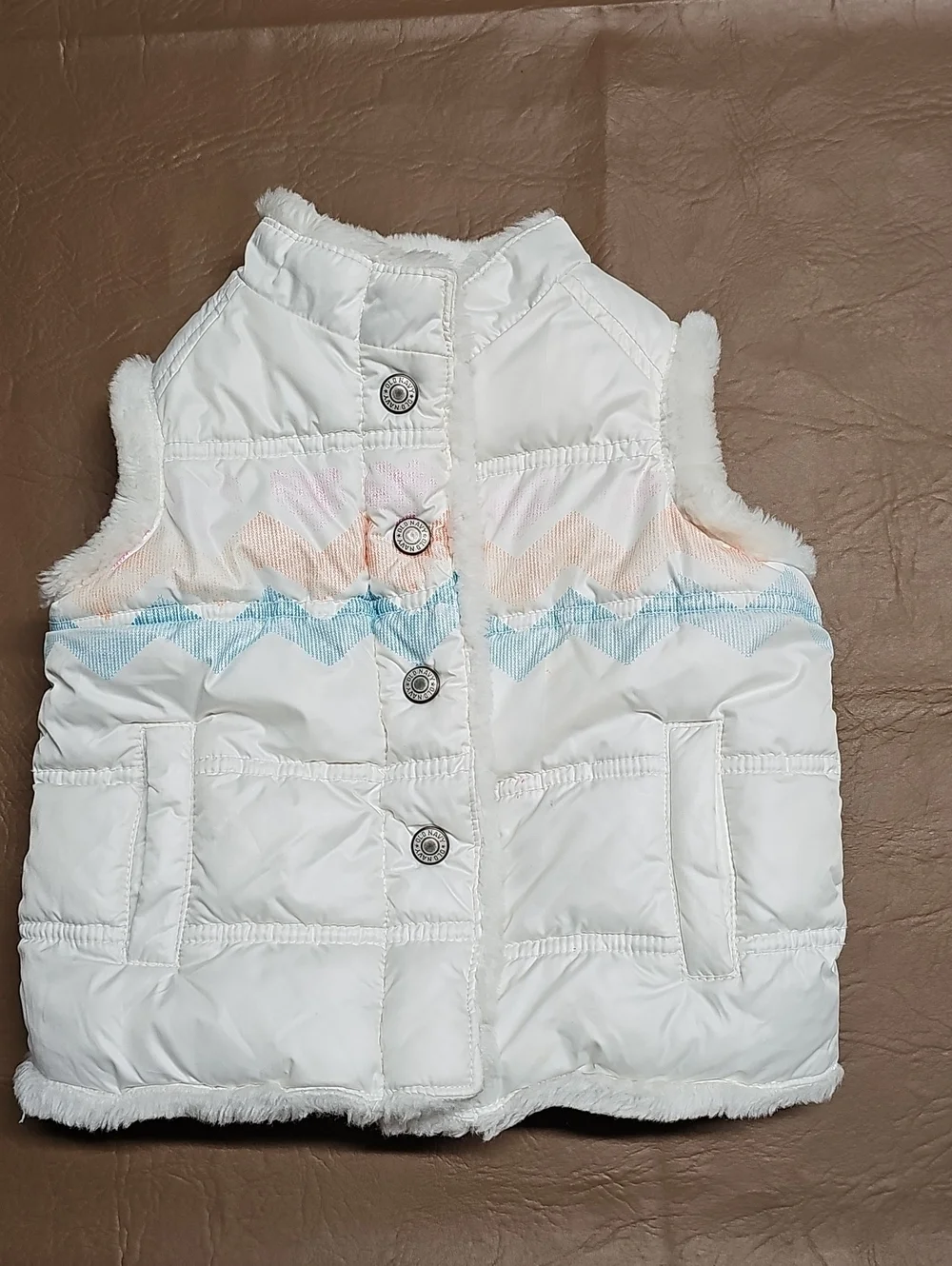 Old Navy Kids White Puffer Vest with Pastel Chevron Detail